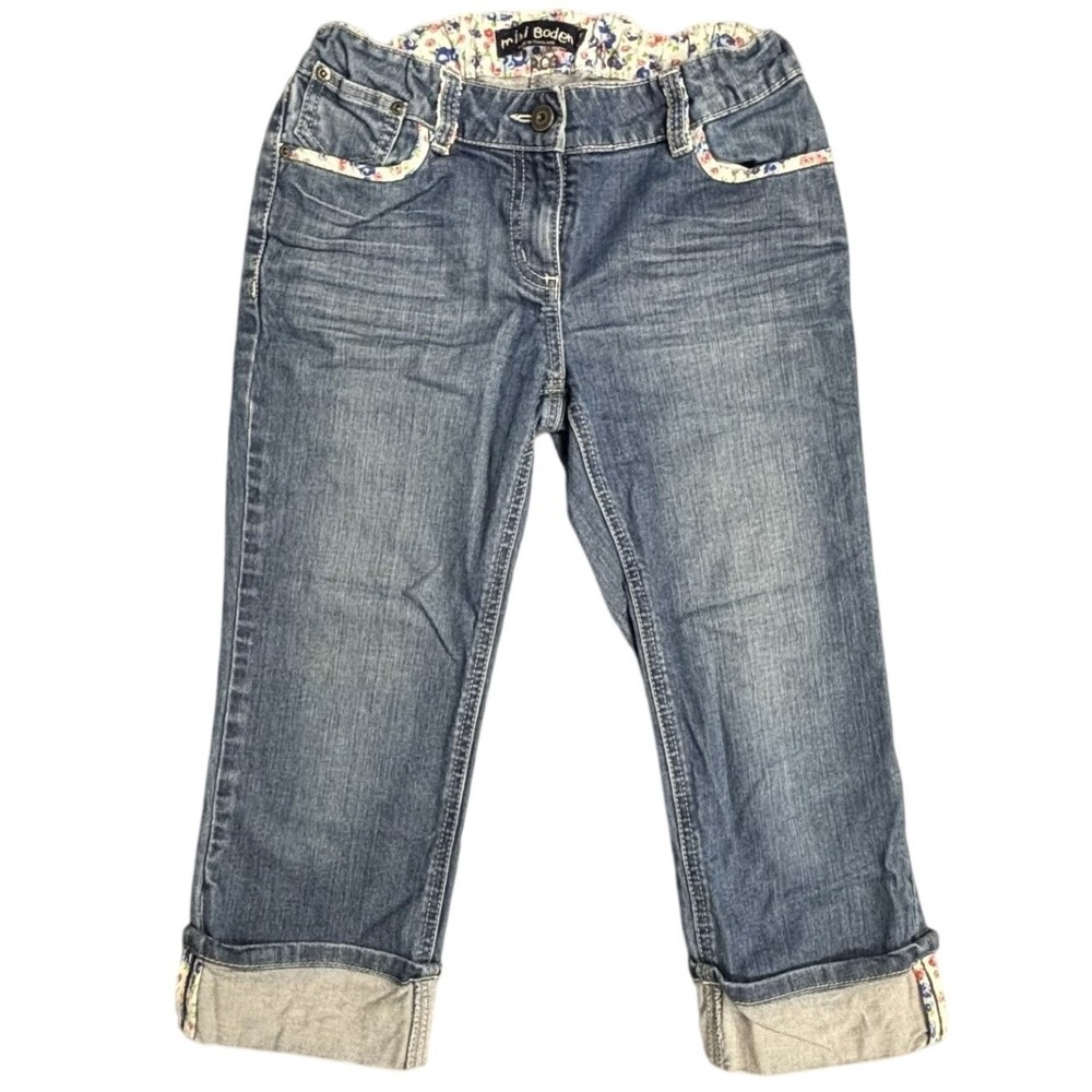 Mini Boden Girls Blue Denim Floral Trim Cuffed Jeans Size 13Y Adjustable Waist